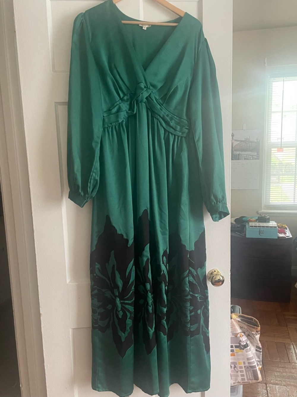 Anthropologie Nikasha Emerald Green Satin Dress - Large